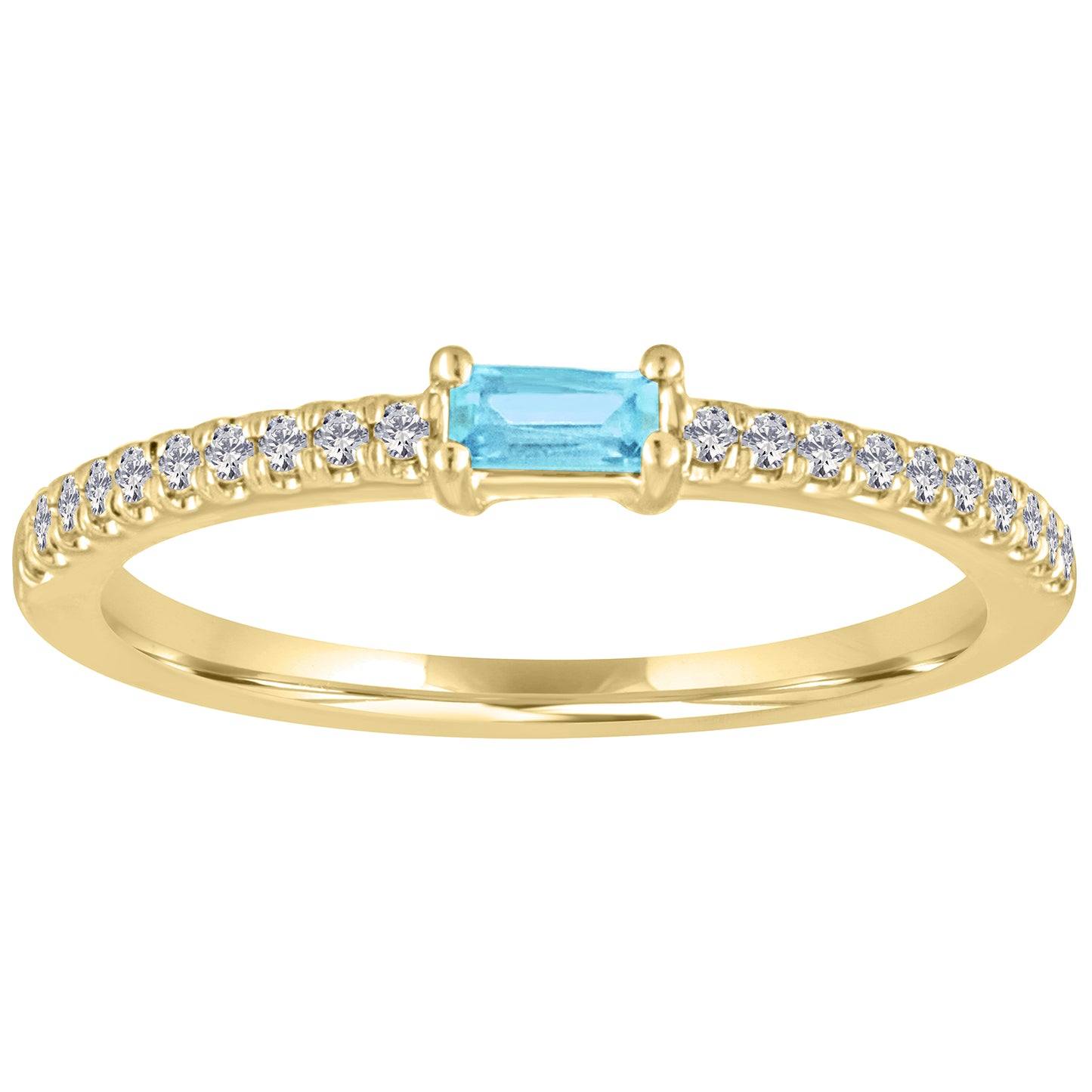 Yellow gold skinny band with an aquamarine baguette in the center and round diamonds on the shank.