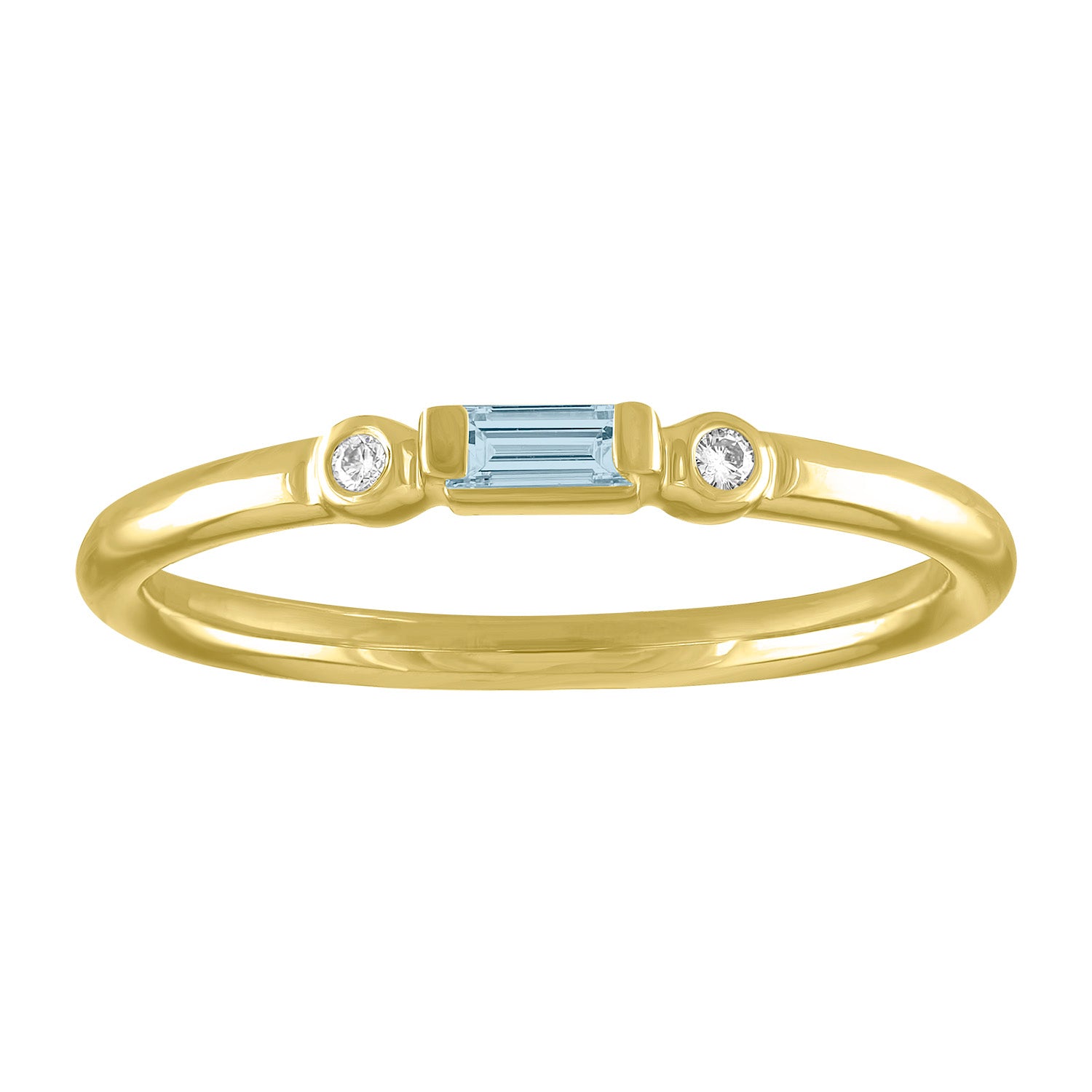 Yellow gold skinny band with an aquamarine baguette in the center and two round diamonds on the side. 