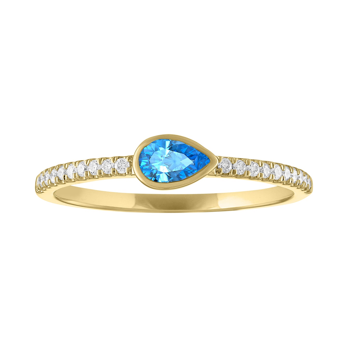 Yellow gold skinny band with a bezeled pear shape blue topaz in the center and round diamonds on the shank. 
