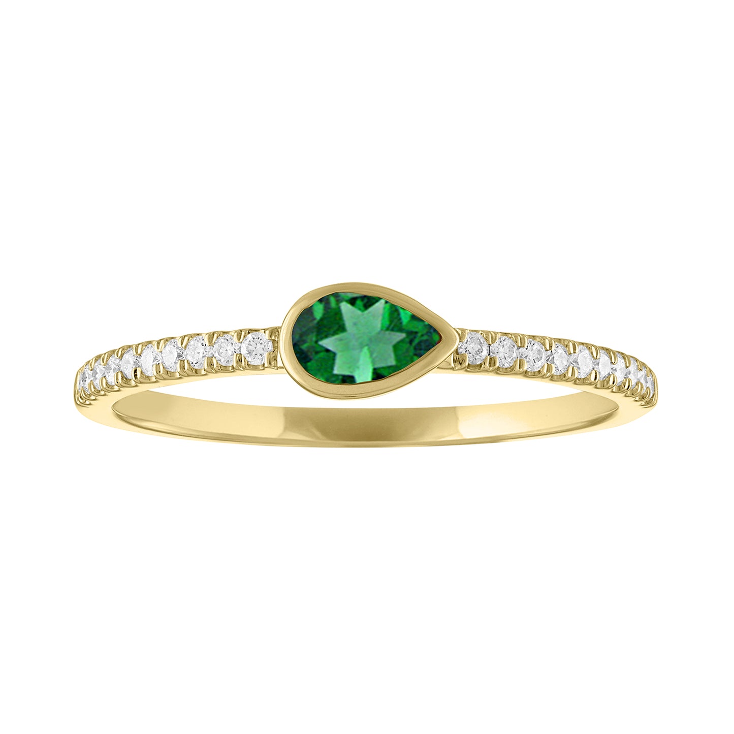 Yellow gold skinny band with a bezeled pear shape emerald in the center and round diamonds on the shank. 
