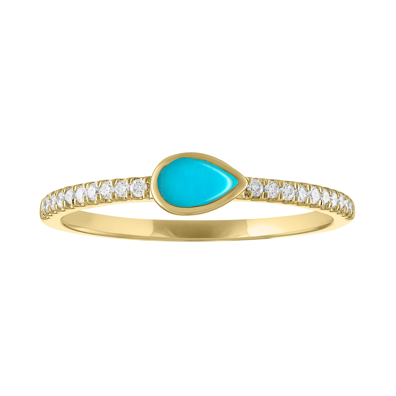 Yellow gold skinny band with a bezeled pear shape turquoise in the center and round diamonds on the shank. 