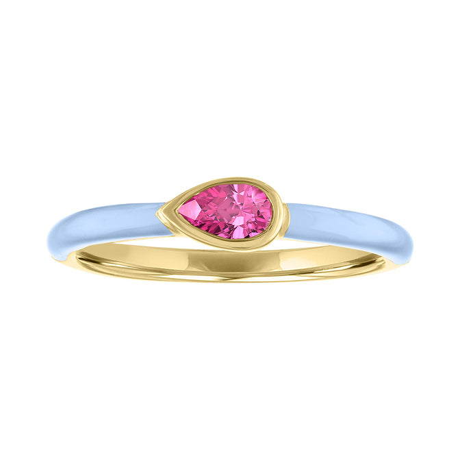Yellow gold skinny band with blue enamel and a bezeled pear shape pink tourmaline in the center. 