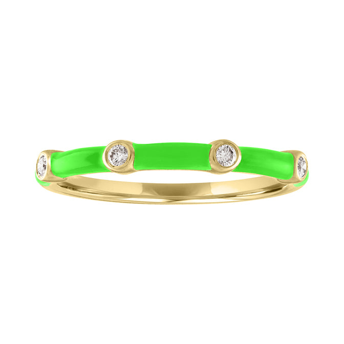 Yellow gold skinny band with bright green enamel and four round diamonds.