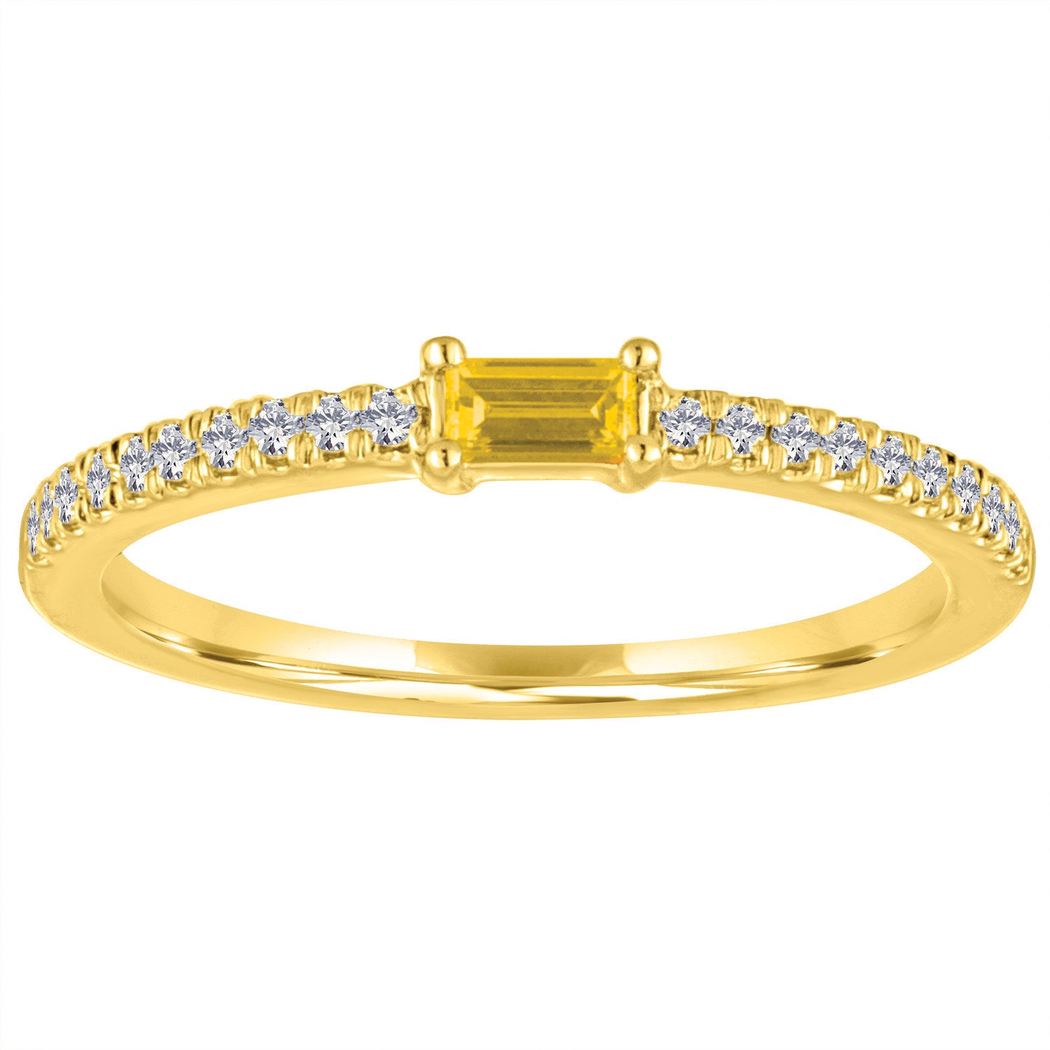 Yellow gold skinny band with citrine baguette in the center and round diamonds on the shank. 