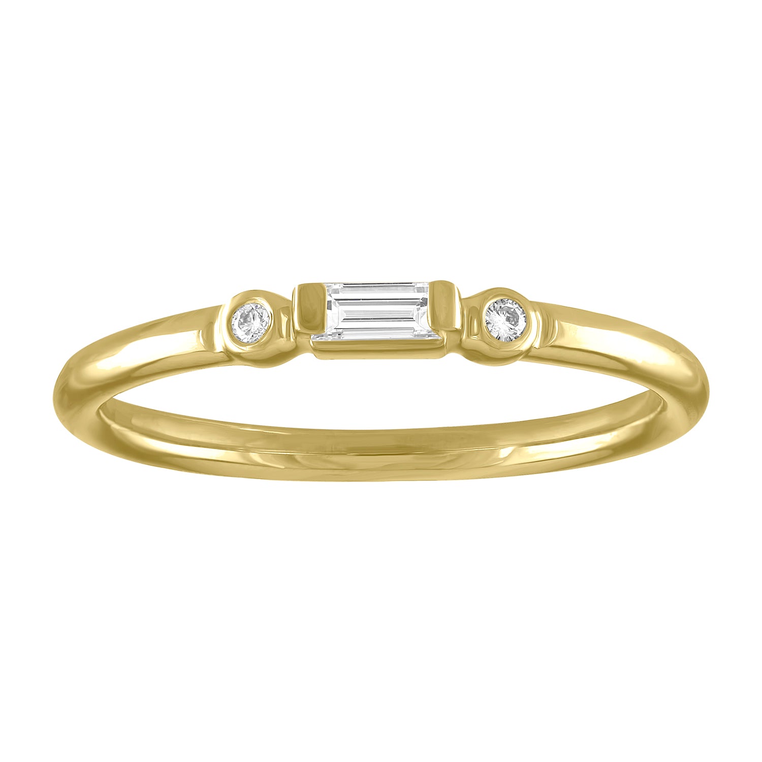 Yellow gold skinny band with a diamond baguette in the center and two round diamonds on the side. 