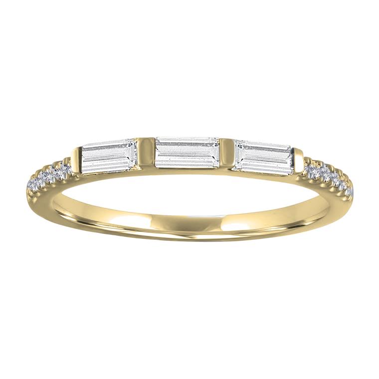 Yellow gold skinny band with three diamond baguettes and round diamonds on the shank. 