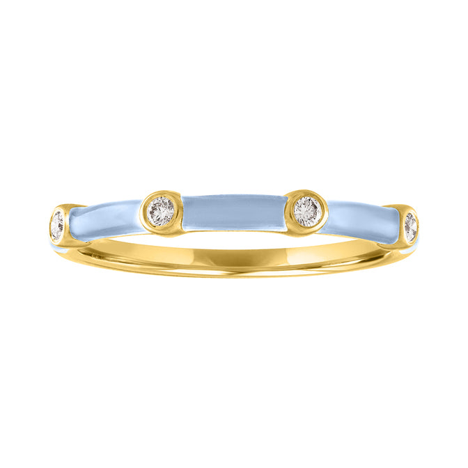Yellow gold skinny band with light blue enamel and four round diamonds.