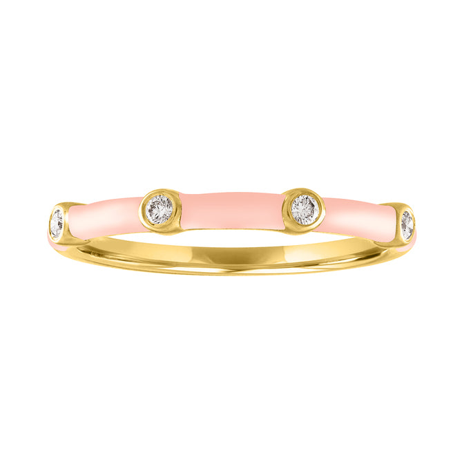 Yellow gold skinny band with light pink enamel and four round diamonds.