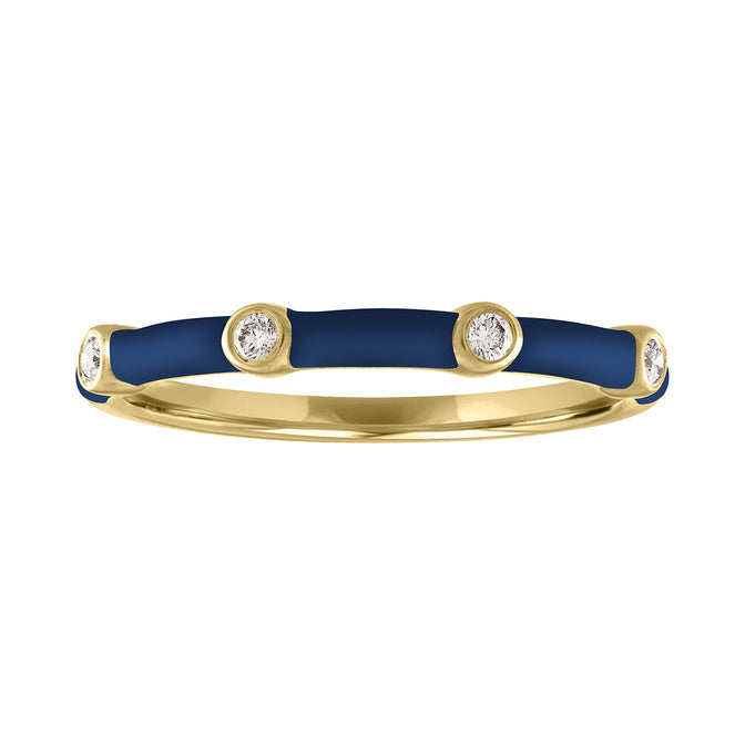 Yellow gold skinny band with navy blue enamel and four round diamonds.