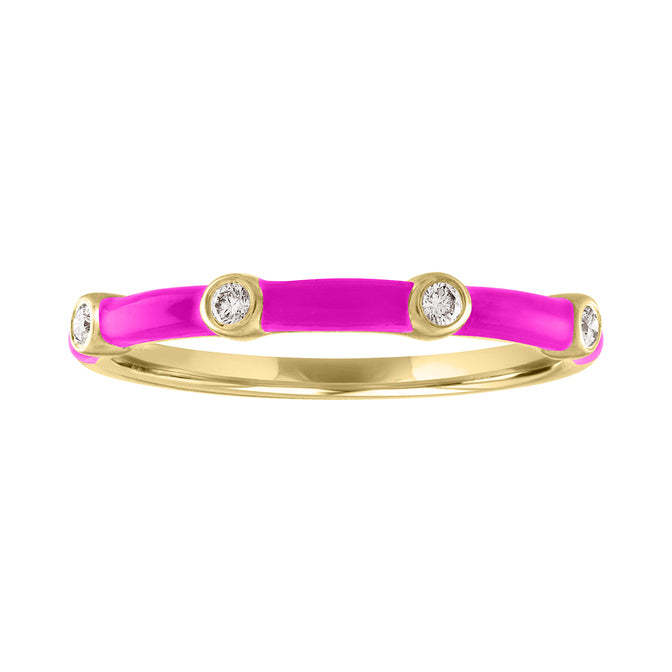 Yellow gold skinny band with pink enamel and four round diamonds. 