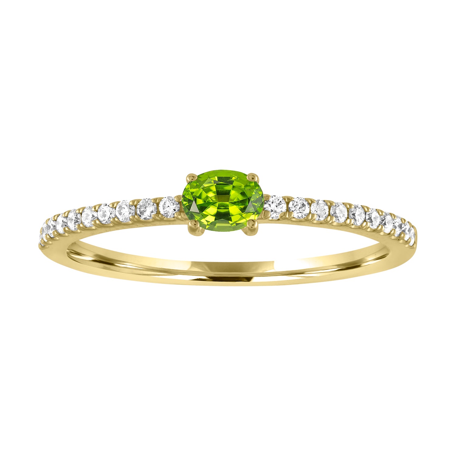 Yellow gold skinny band with an oval peridot in the center and round diamonds along the shank.