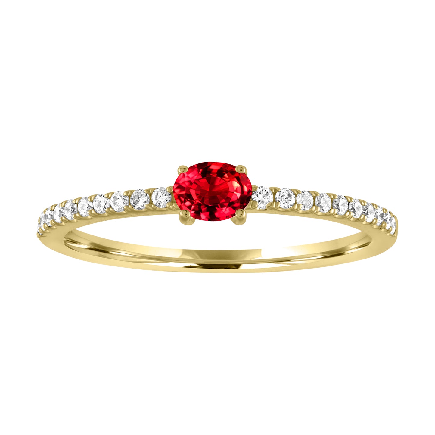 Yellow gold skinny band with an oval ruby in the center and round diamonds on the shank.