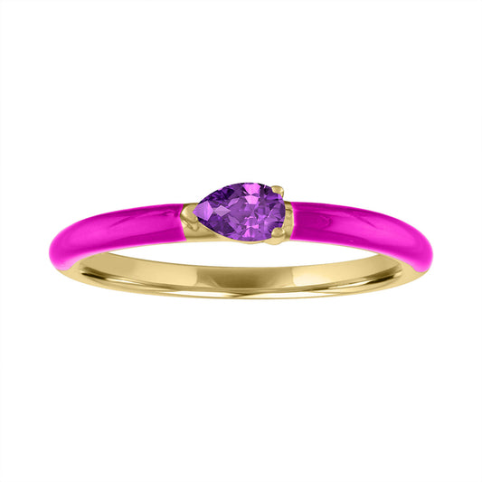Yellow gold skinny band with pink enamel and a pear shaped amethyst in the center.