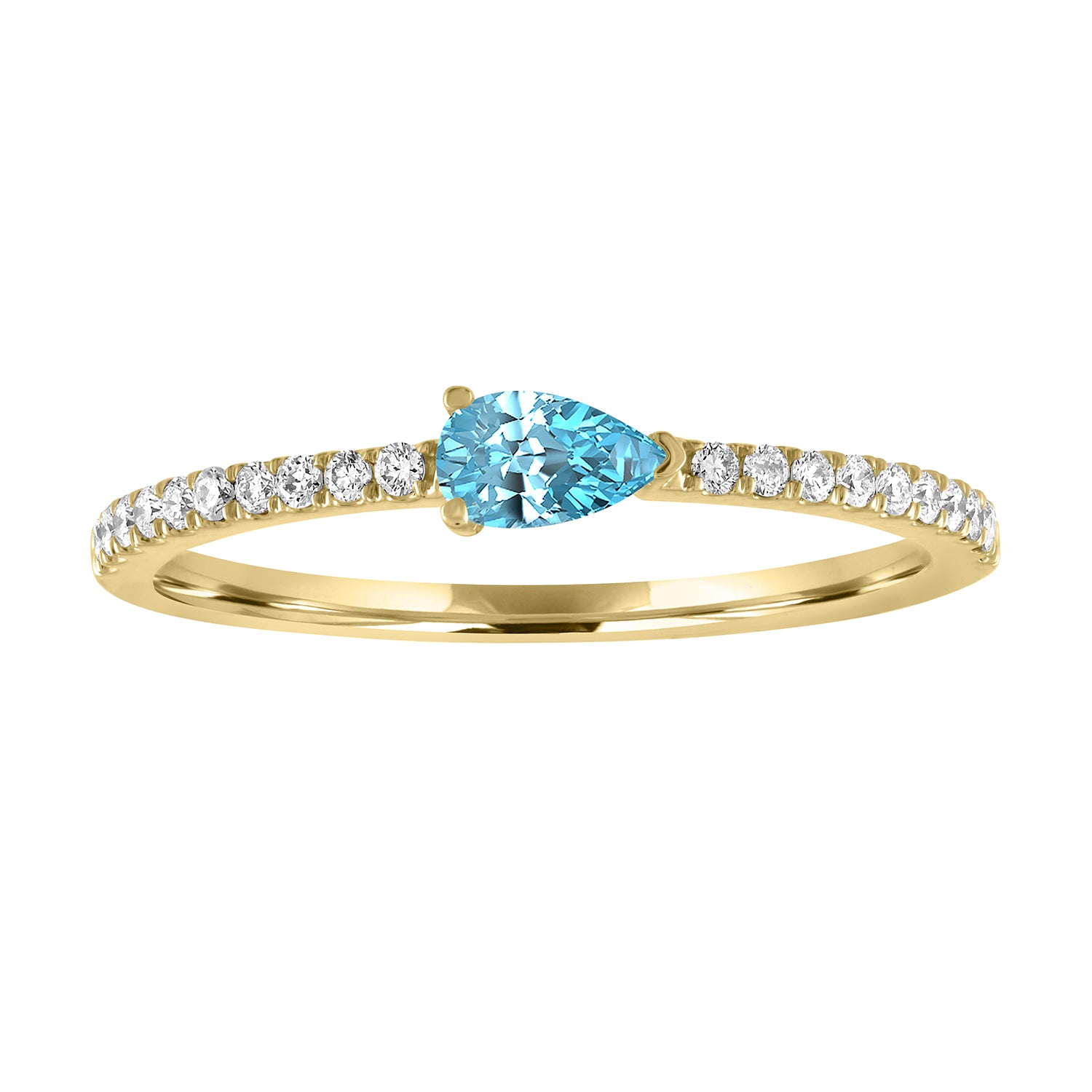 Yellow gold skinny band with a pear shaped aquamarine in the center and round diamonds on the shank. 