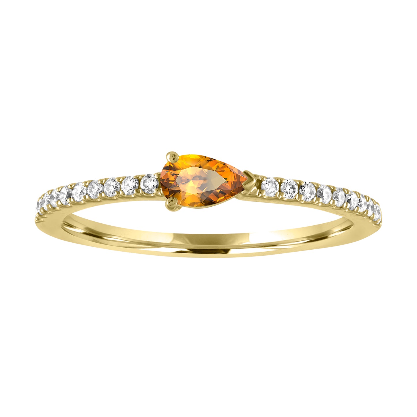 Yellow gold skinny band with a pear shaped citrine in the center and round diamonds on the shank. 