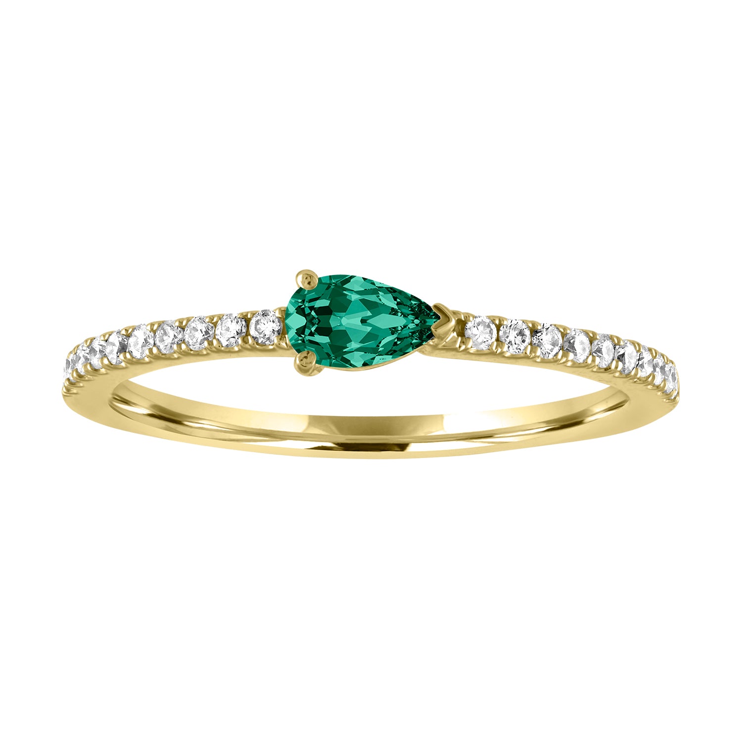 Yellow gold skinny band with a pear shaped emerald in the center and round diamonds on the shank. 