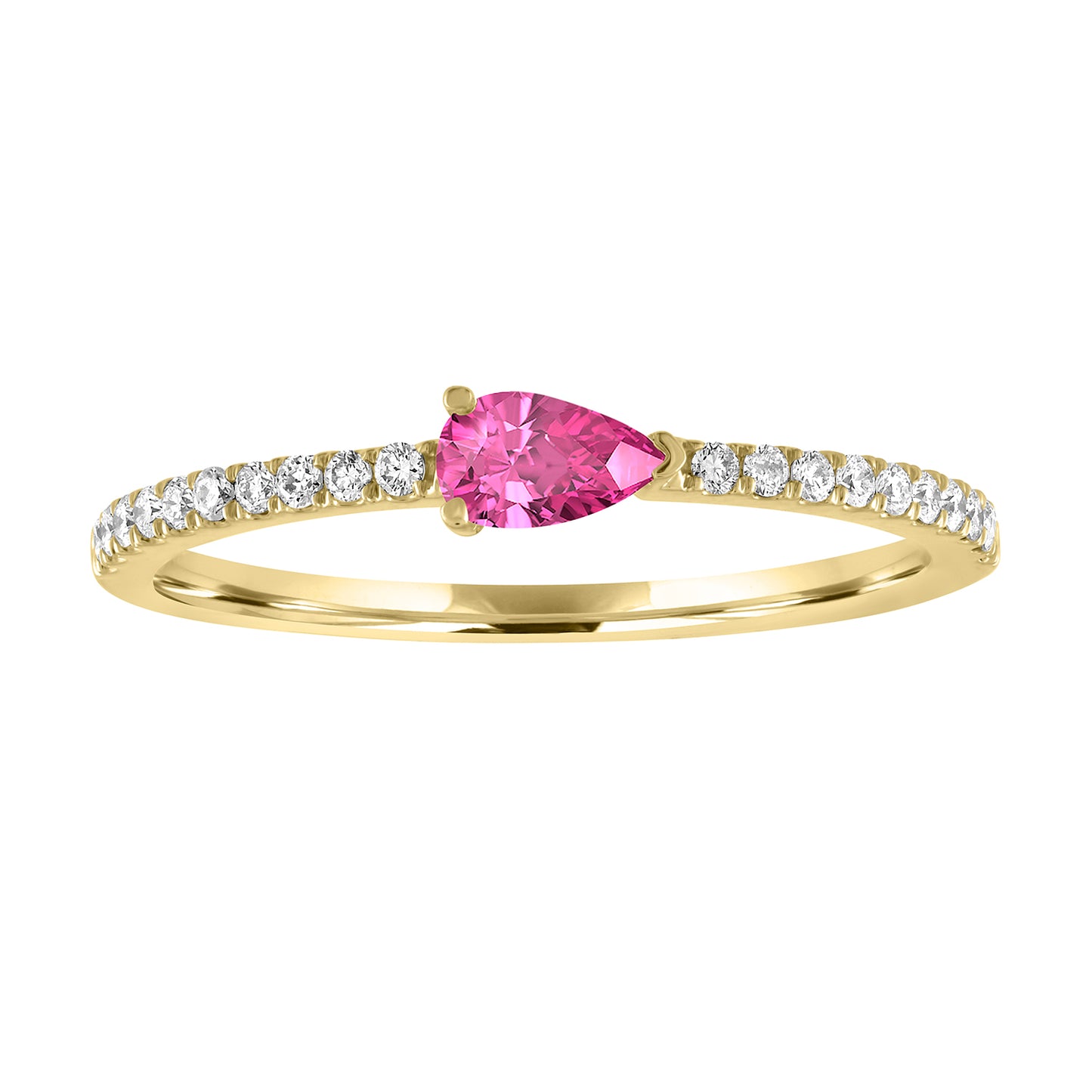 Yellow gold skinny band with a pear shaped pink tourmaline in the center and round diamonds on the shank. 