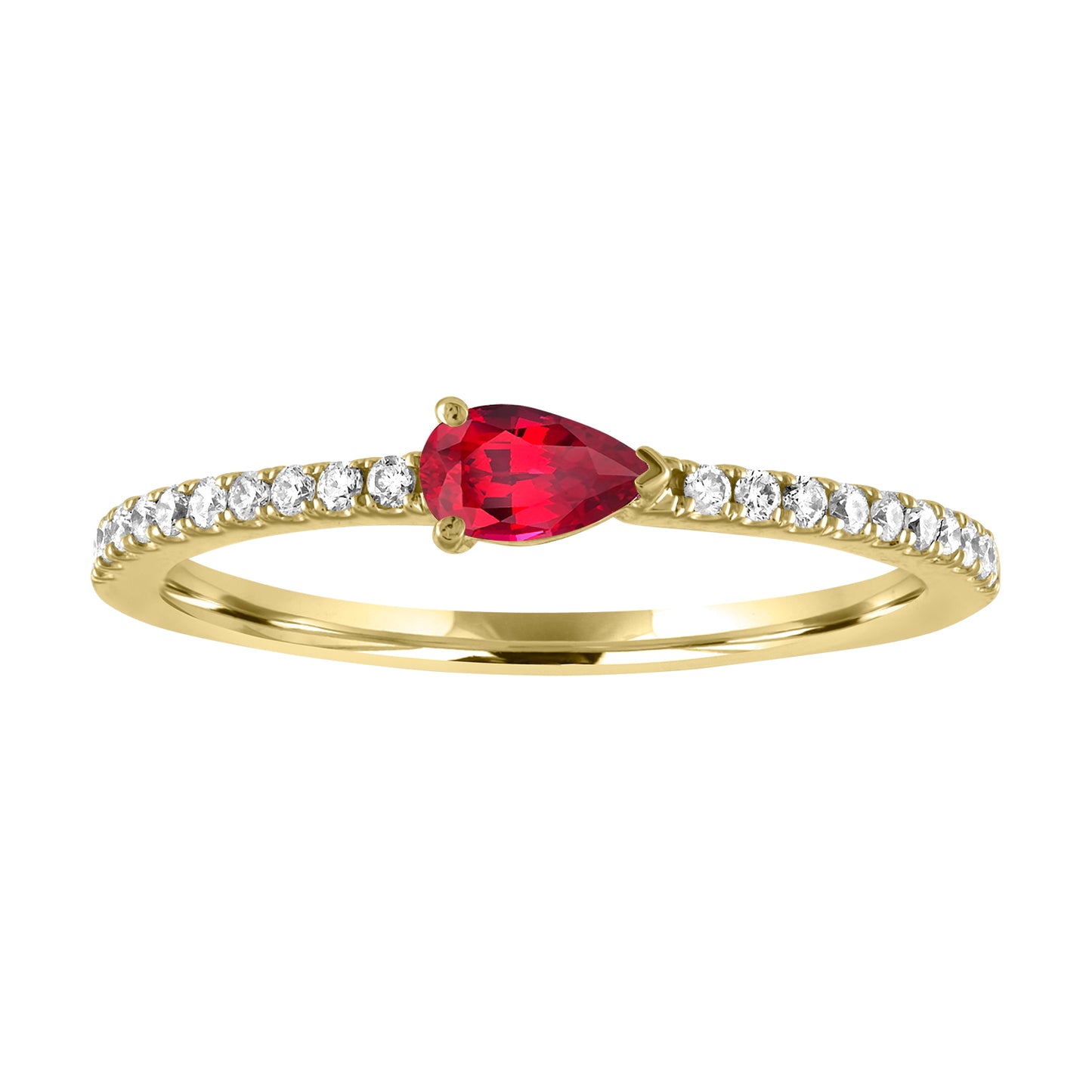 Yellow gold skinny band with pear shaped ruby in the center and round diamonds on the shank. 