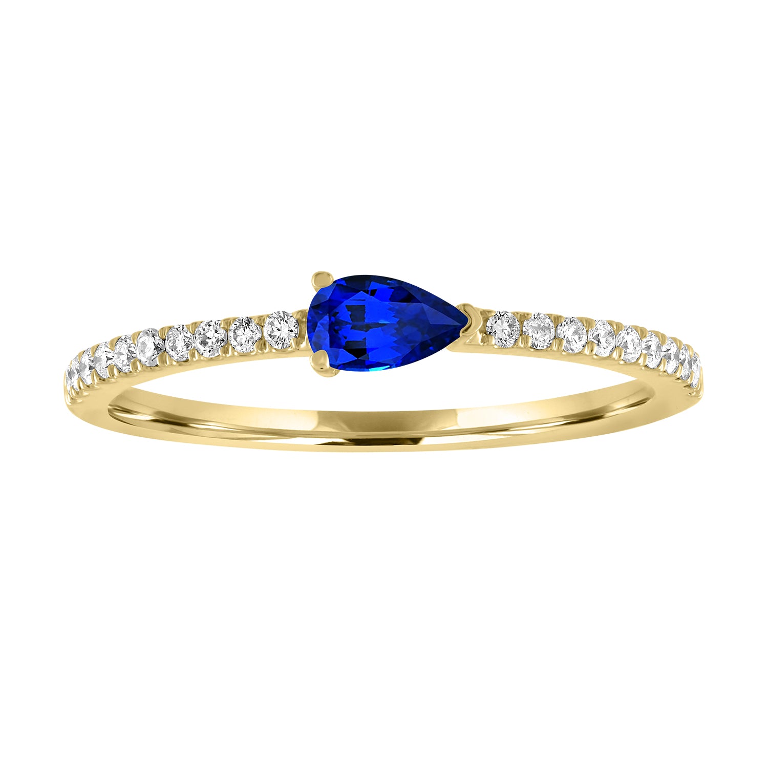 Yellow gold skinny band with a pear shaped sapphire in the center and round diamonds on the shank. 