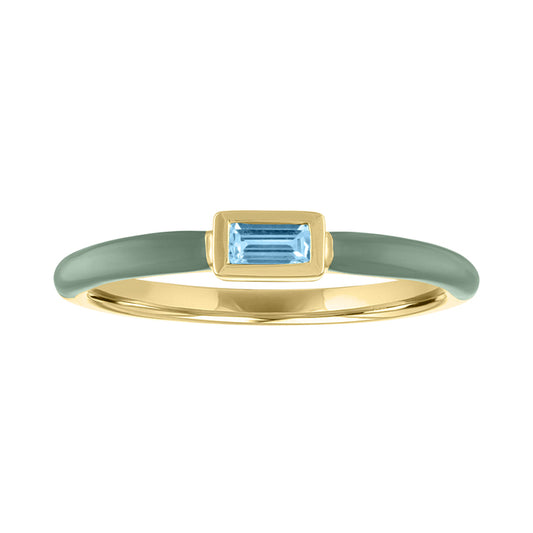 Yellow gold skinny band with pebble enamel and aquamarine bezeled baguette in the center. 