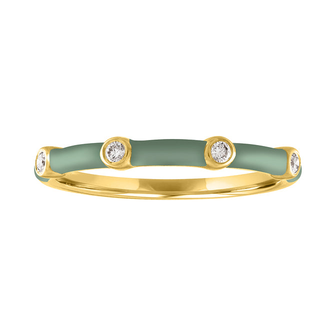 Yellow gold skinny band with pebble enamel and four round diamonds.