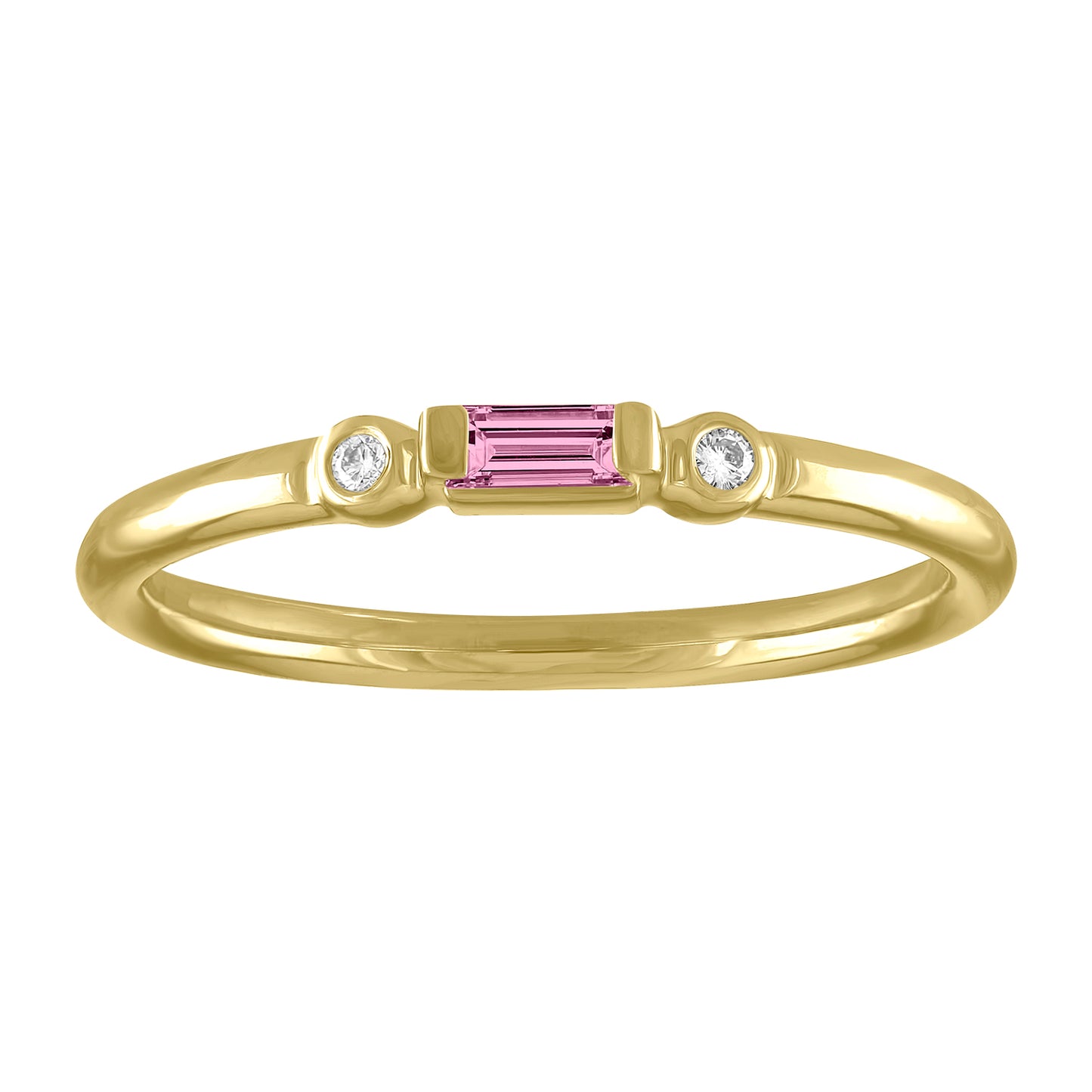 Yellow gold skinny band with a pink tourmaline baguette in the center and two round diamonds on the side. 