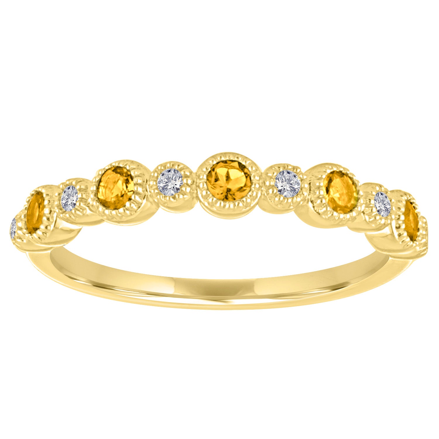 Yellow gold skinny band with large round citrines and small round diamonds. 