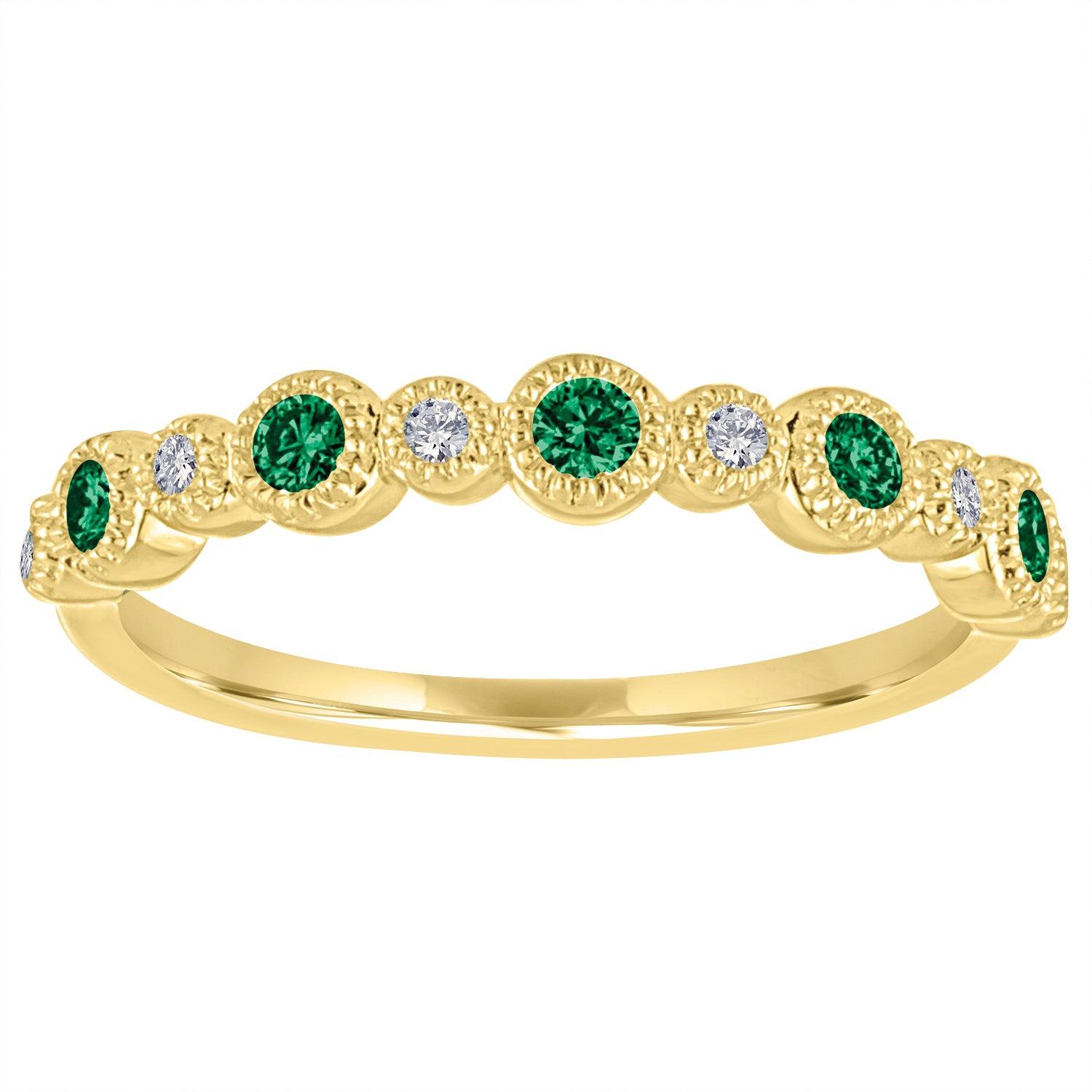 Yellow gold skinny band with large round emeralds and small round diamonds.