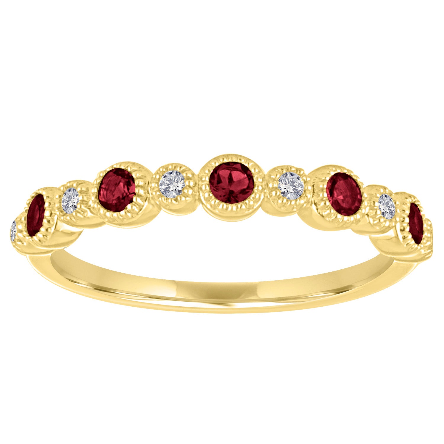 Yellow gold skinny band with large round garnets and small round diamonds.