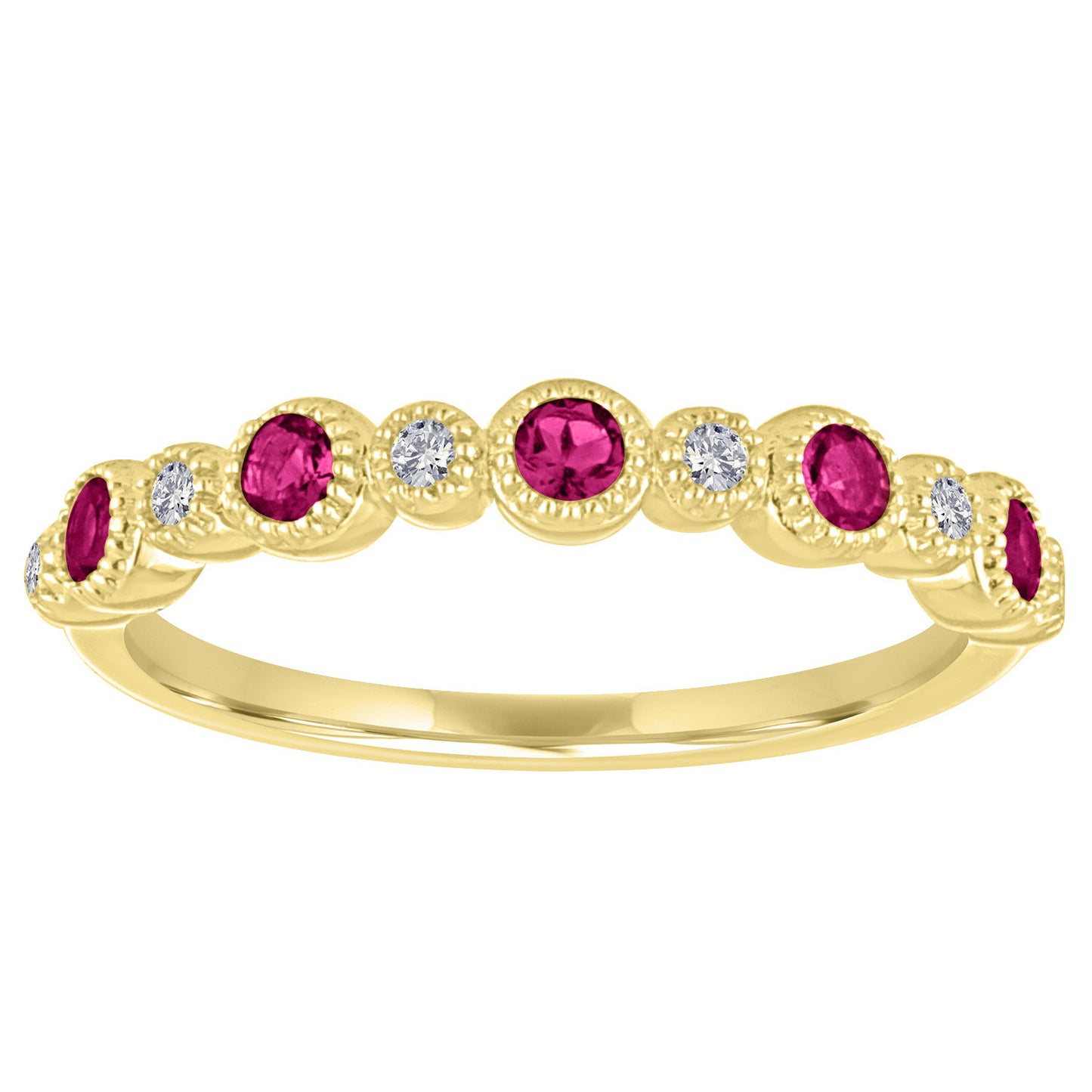 Yellow gold skinny band with large round rubies and small round diamonds.