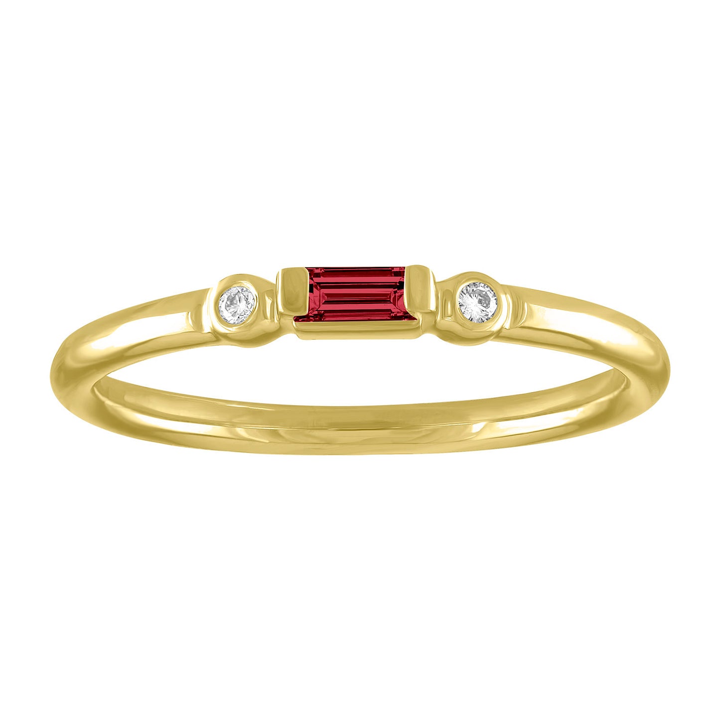 Yellow gold skinny band with a ruby baguette in the center and two round diamonds on the side. 