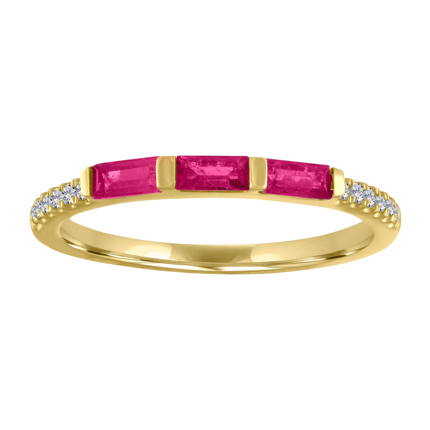 Yellow gold skinny band with three ruby baguettes and round diamonds on the shank.