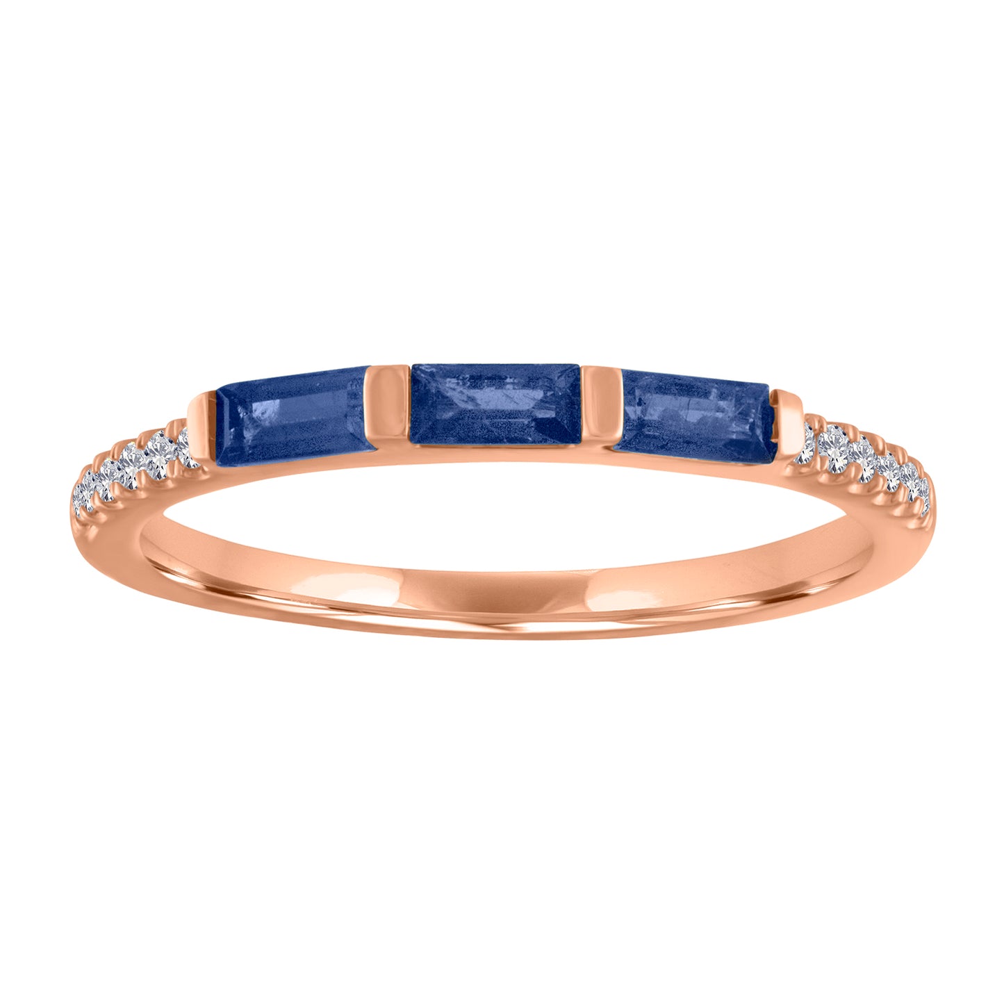 Rose gold skinny band with three sapphire baguettes and round diamonds on the shank.