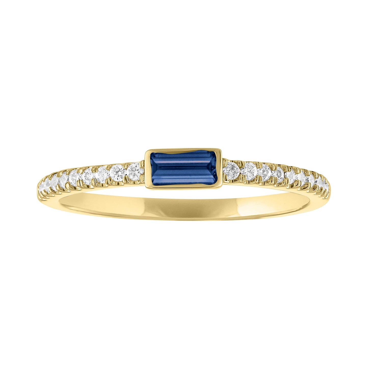 Yellow gold skinny band with a bezeled sapphire baguette in the center and round diamonds on the shank. 
