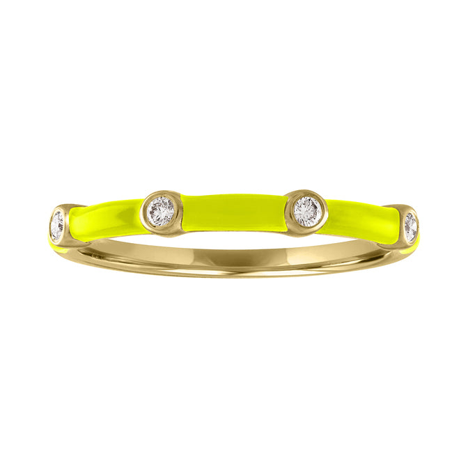 Yellow gold skinny band with yellow enamel and four round diamonds.