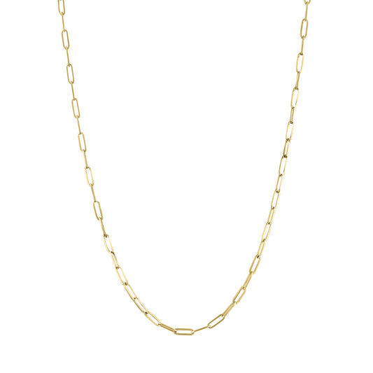 Yellow gold skinny paperclip chain.