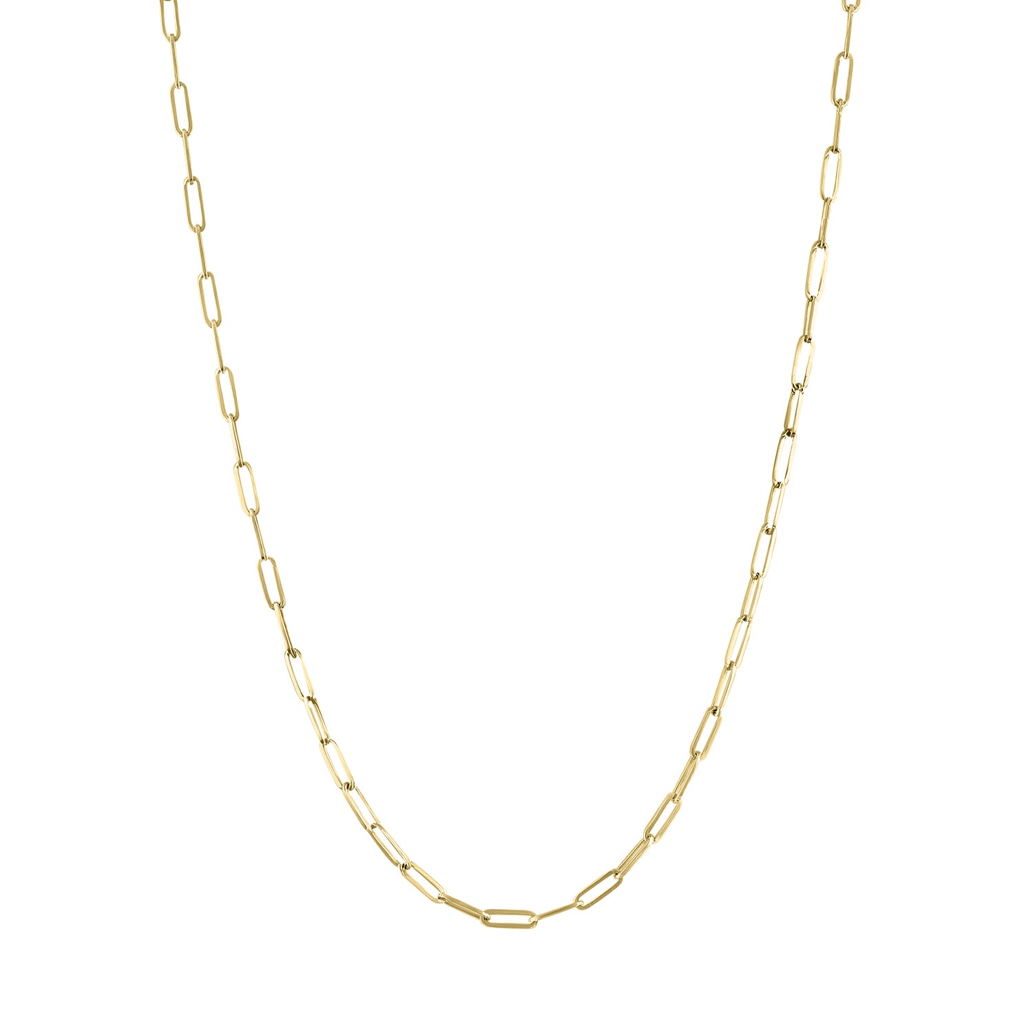 Yellow gold skinny paperclip chain.