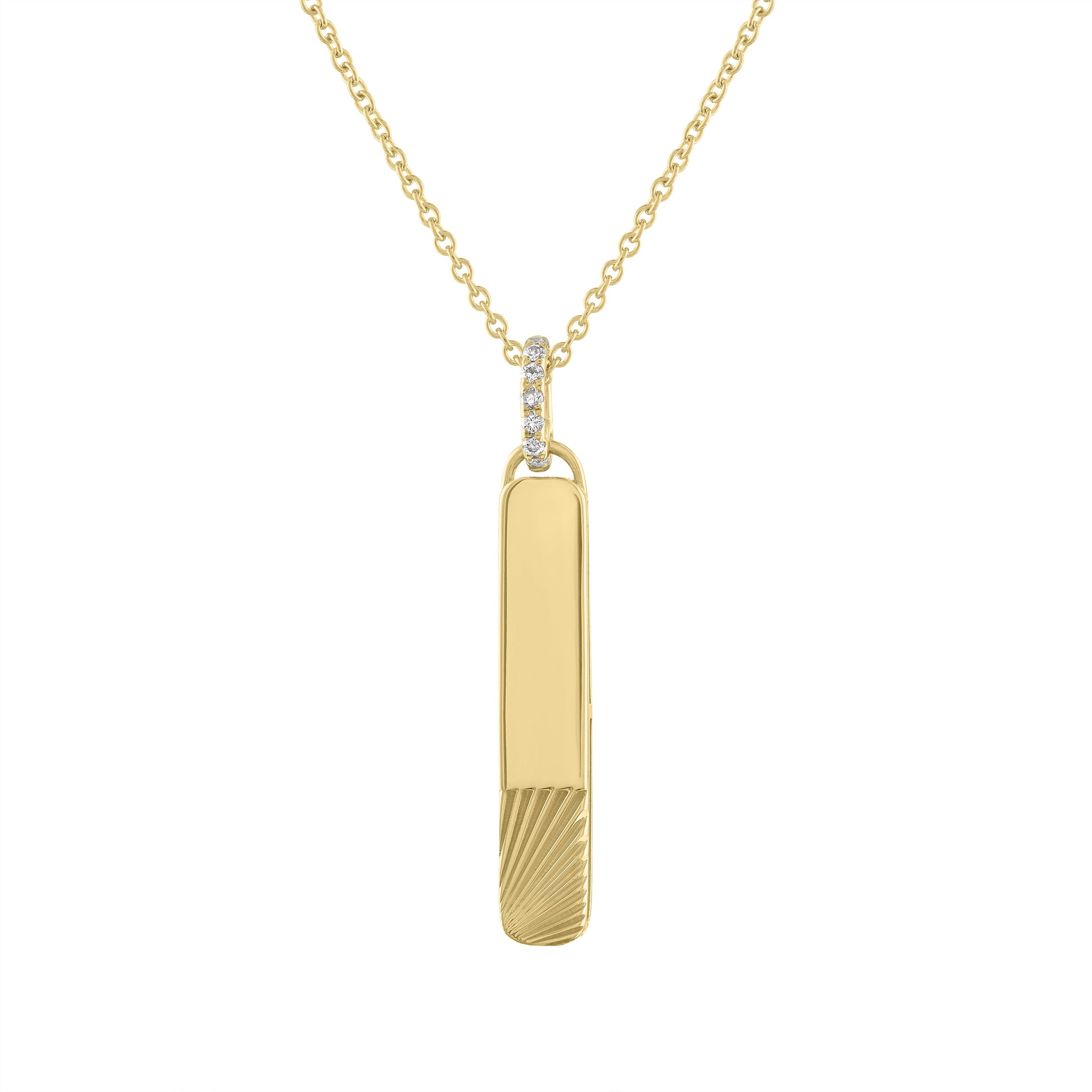 Yellow gold small skinny engravable dogtag with fluting and a diamond bail.