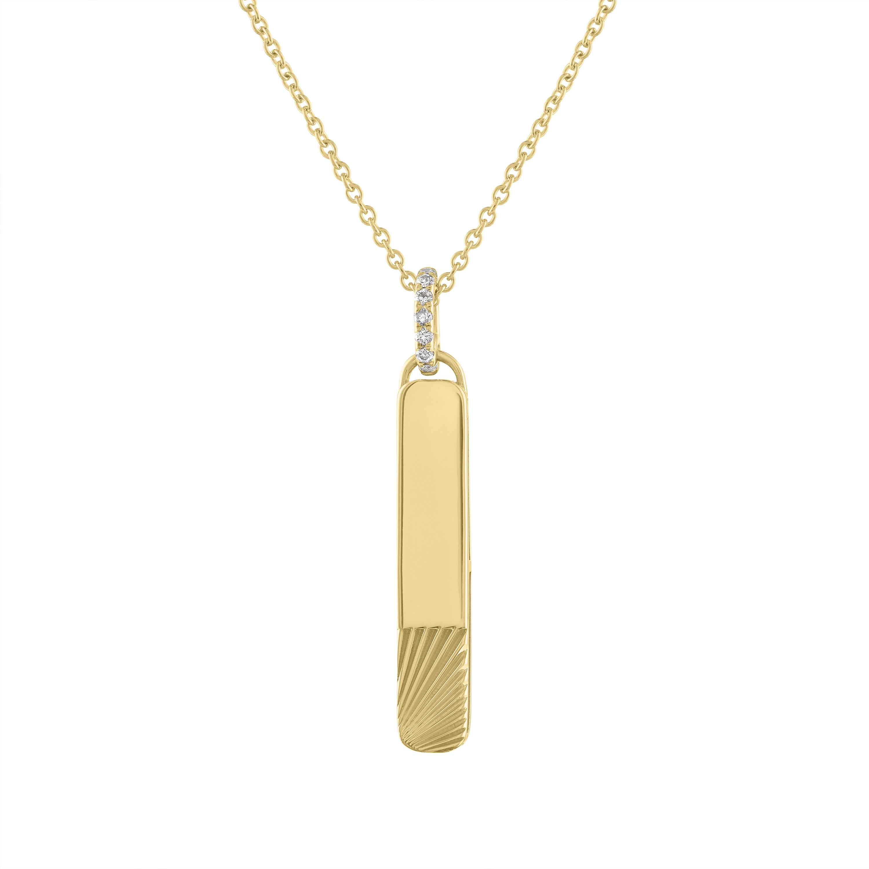 Yellow gold small skinny engravable dogtag with fluting and a diamond bail.