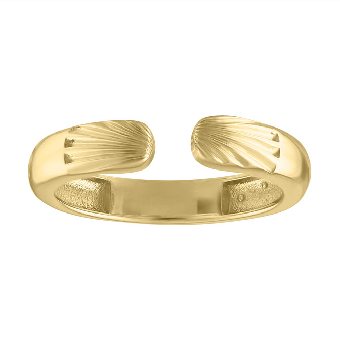 Yellow gold solid band with fluted tops open in the middle. 