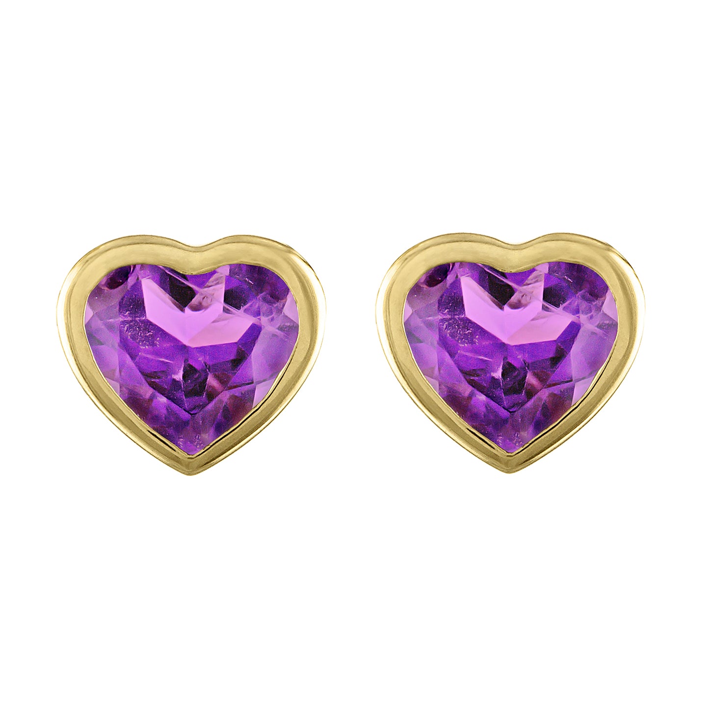 Yellow gold pair of heart shaped bezeled amethyst earrings. 