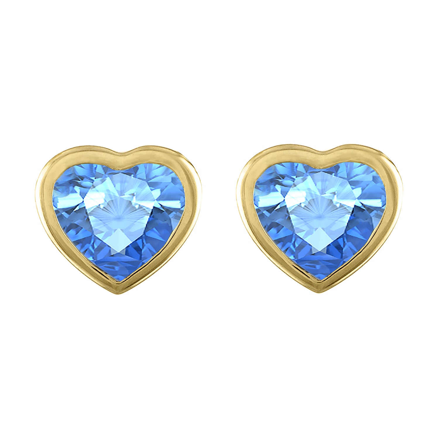 Yellow gold pair of heart shaped bezeled blue topaz earrings.
