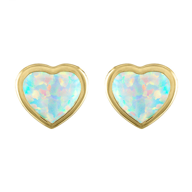 Yellow gold pair of bezeled heart shaped opal earrings.