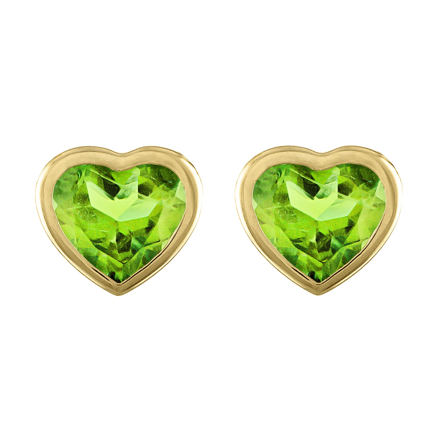 Yellow gold pair of heart shaped bezeled peridot earrings. 
