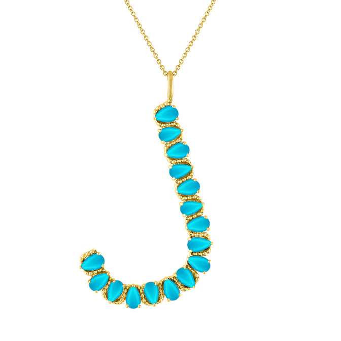 Yellow gold jumbo initial necklace with pear shaped turquoises. 
