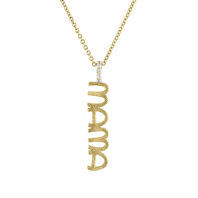 Yellow gold vertical mama necklace with fluting and a diamond bail. 