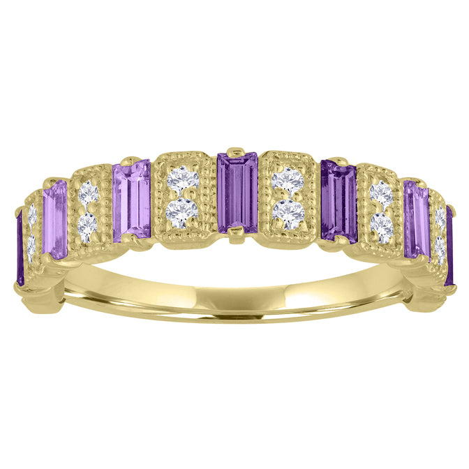 Yellow gold wide band with amethyst baguettes and round diamonds.
