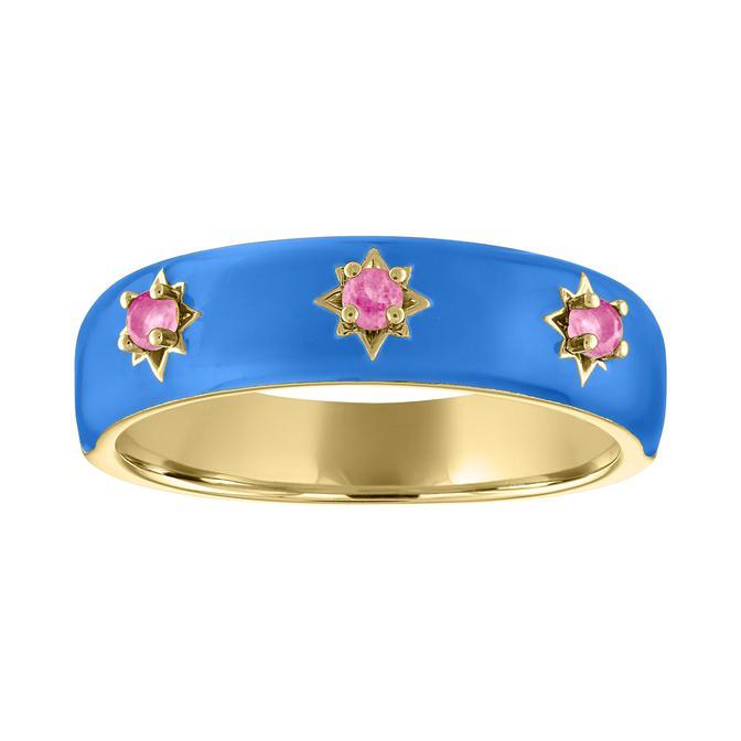Yellow gold wide gypsy ring with blue enamel and round pink tourmalines.