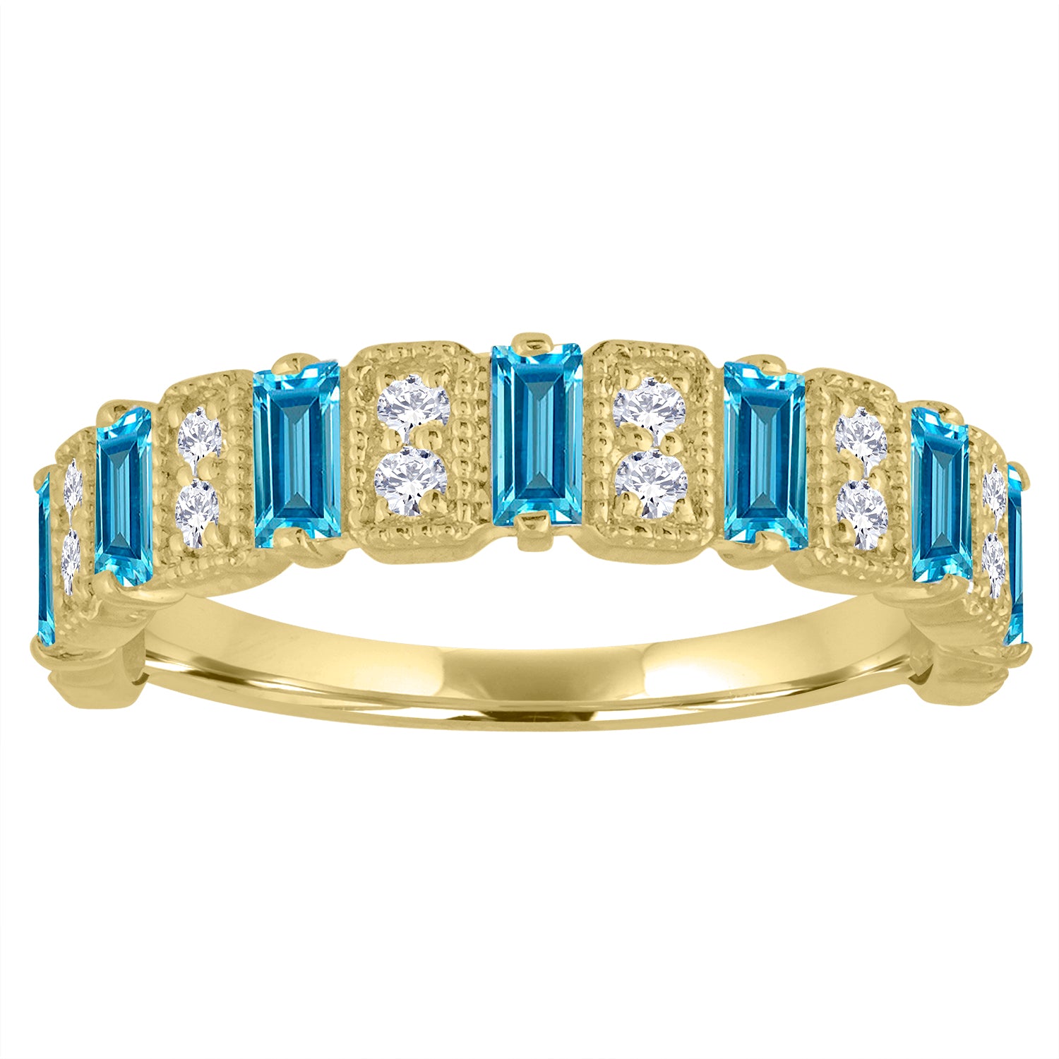 Yellow gold wide band with blue topaz baguettes and round diamonds.