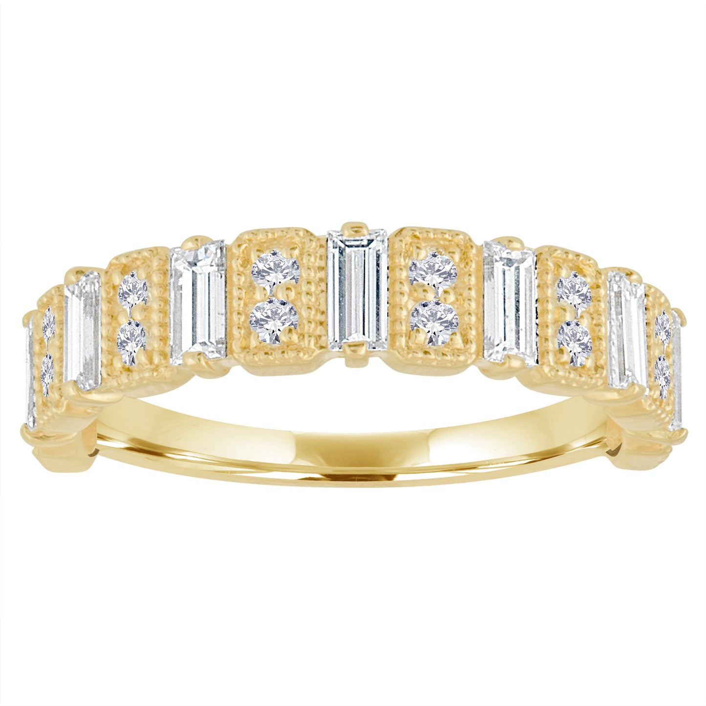 Yellow gold wide band with diamond baguettes and round diamonds.